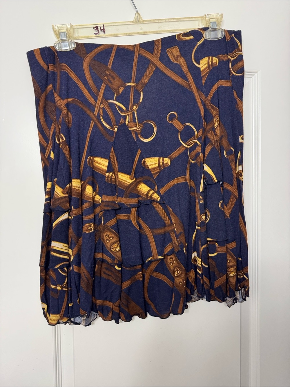 LAUREN Ralph Lauren Equestrian Skirt Size XL Navy Brown Gold Horse Bridle